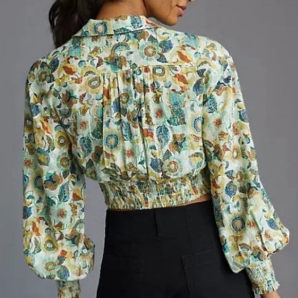 Anthropologie Crop Top 2 Piece Set Womens Large Green Floral Cotton Resort Wear - Picture 3 of 15